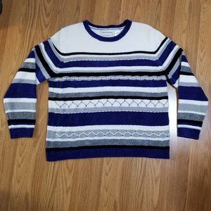 Chenille Striped Beaded Sweater Size M Blue Ivory Black Gray